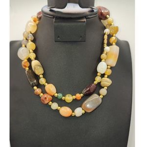 Polished Natural Stone Necklace w/ Gold Beads 15"